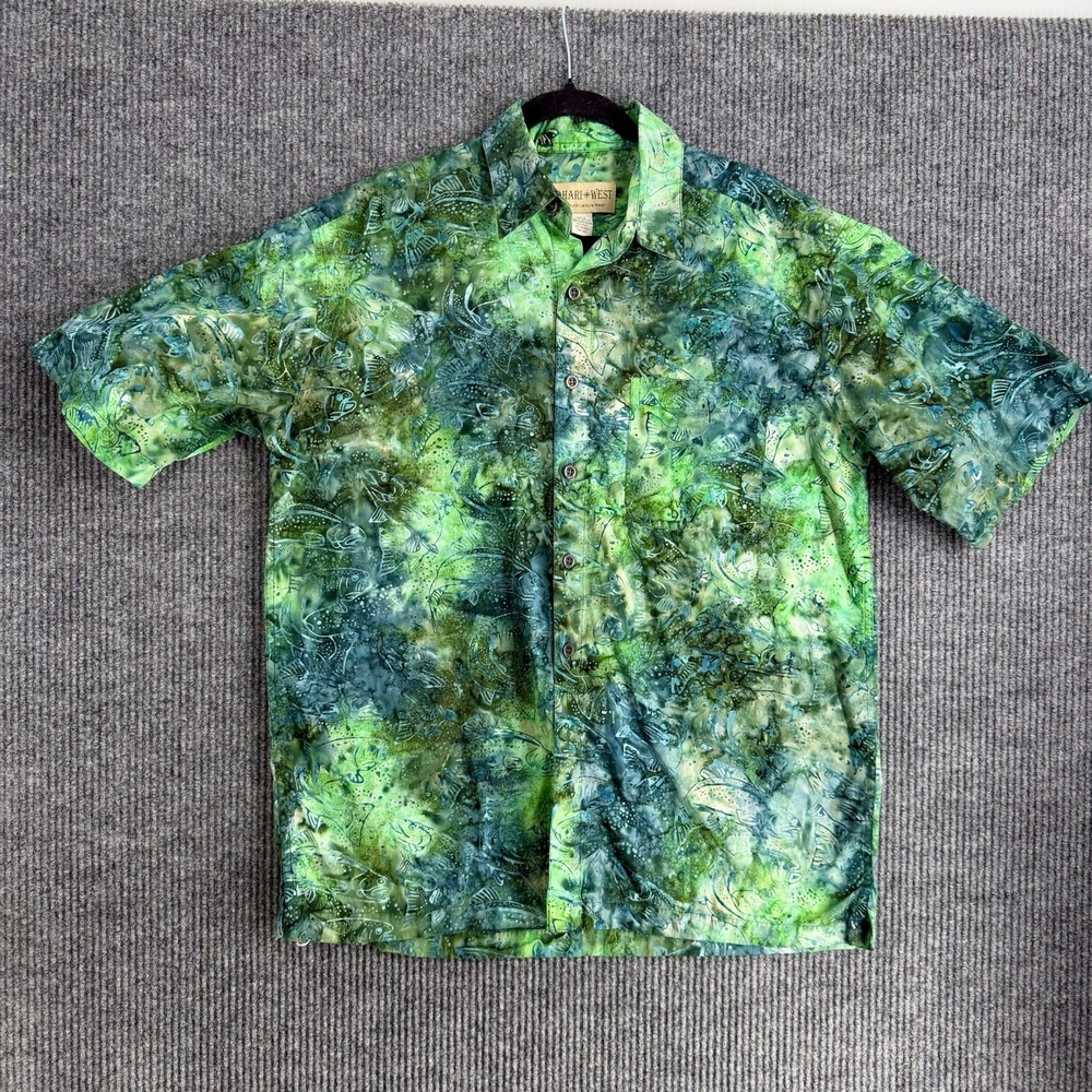 Mens Fishing Shirt Large‎ Green Tropical Fish Print Button Up Johari West